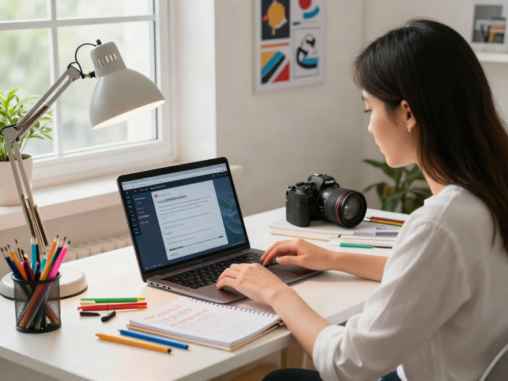 Young professional woman learning about ia +18 in a bright home office.