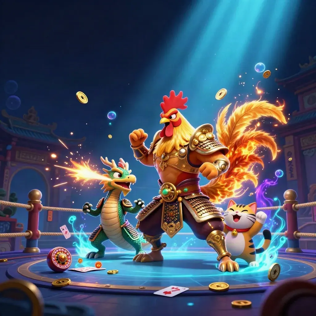 Rooster warrior, dragon hatchling and fortune cat amid neon casino treasure and temple gate.