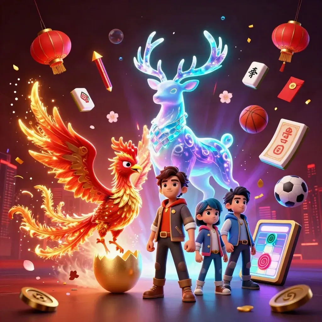 Phoenixes and a crystal stag surge through neon casino effects with floating game tokens.