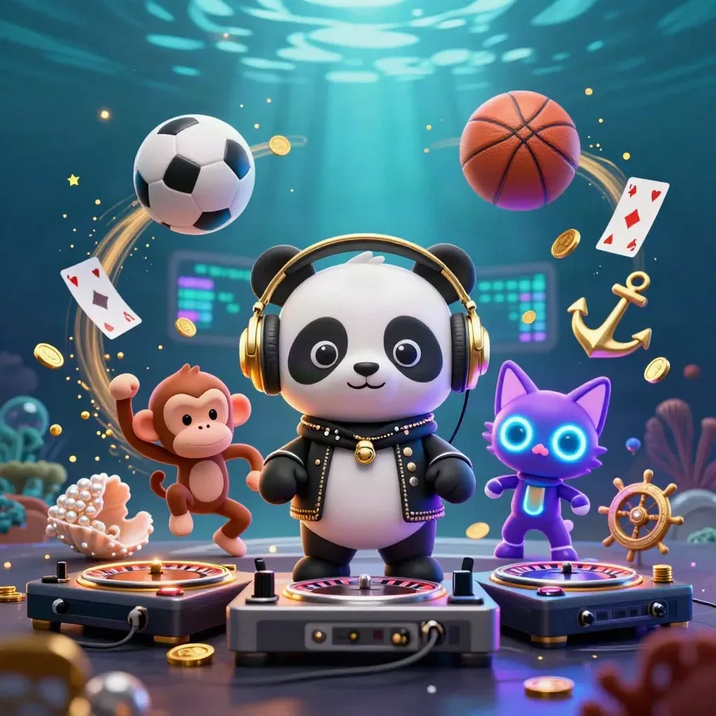 Panda DJ, monkey, and glow-stick kitten in a neon underwater treasure cove with flying balls and coins.