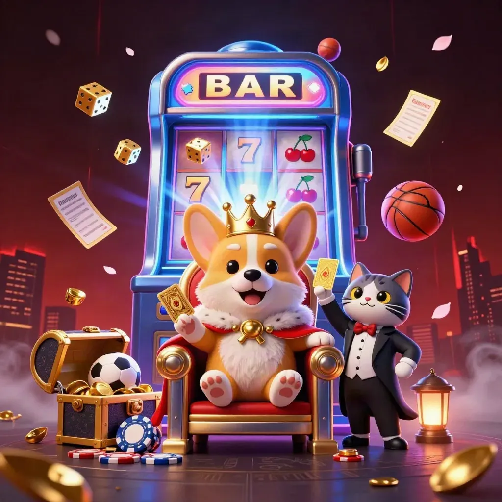 Crowned corgi and cat butler amid slot-machine jackpot bursts, chips, gold, and neon casino glow.