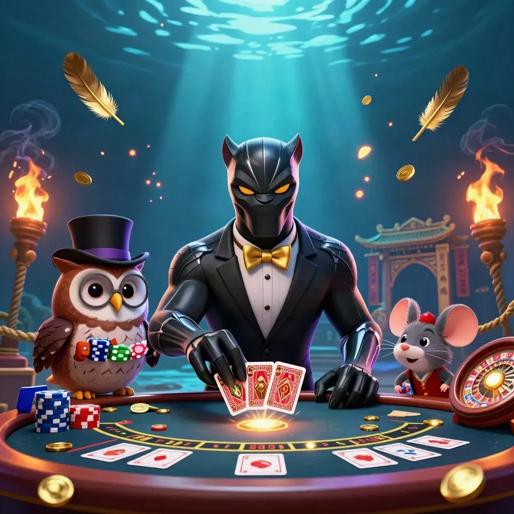 Panther, owl, and mouse in a neon casino scene with cards, chips, and glowing luxury
