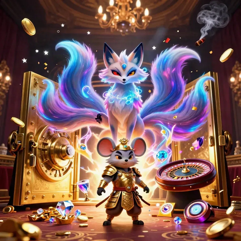 Nine-tailed fox spirit and samurai mouse amid vault gold, neon energy, and casino glamour.