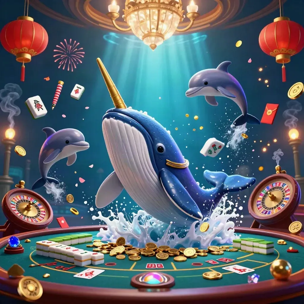Whale captain, narwhal, and dolphins in a neon casino abyss with coins, lanterns, and glowing lights
