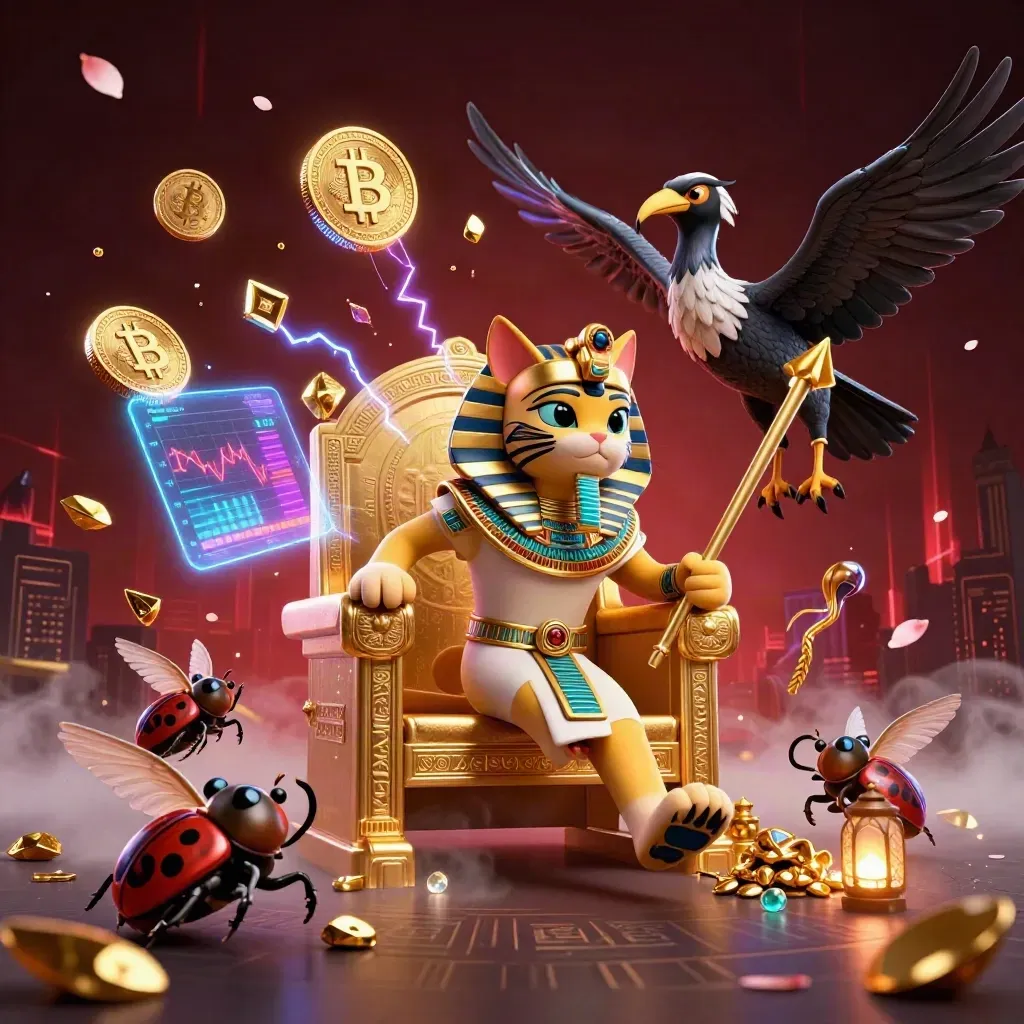 Pharaoh cat and ibis amid neon coins, scarabs, and electric-blue casino magic.