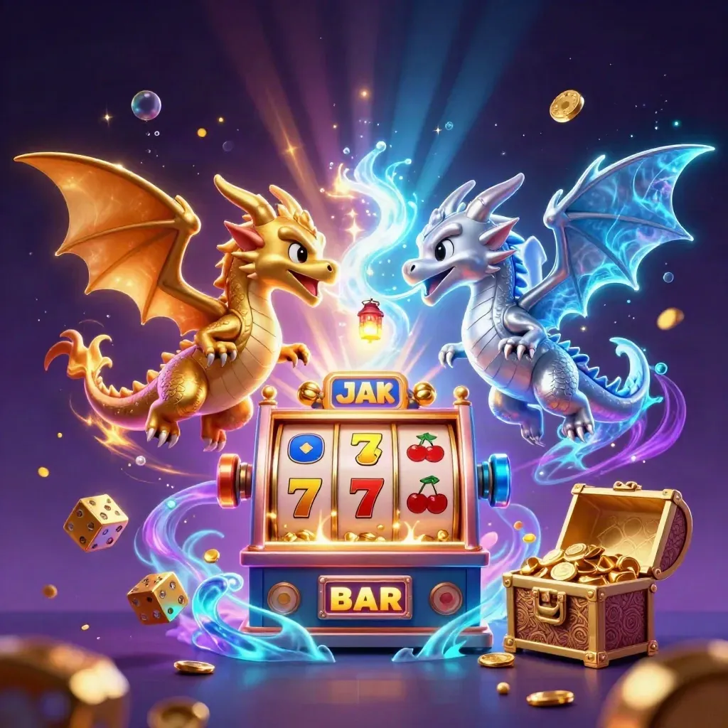 Twin dragons clash in a neon slot burst with treasure, dice, and glowing magic