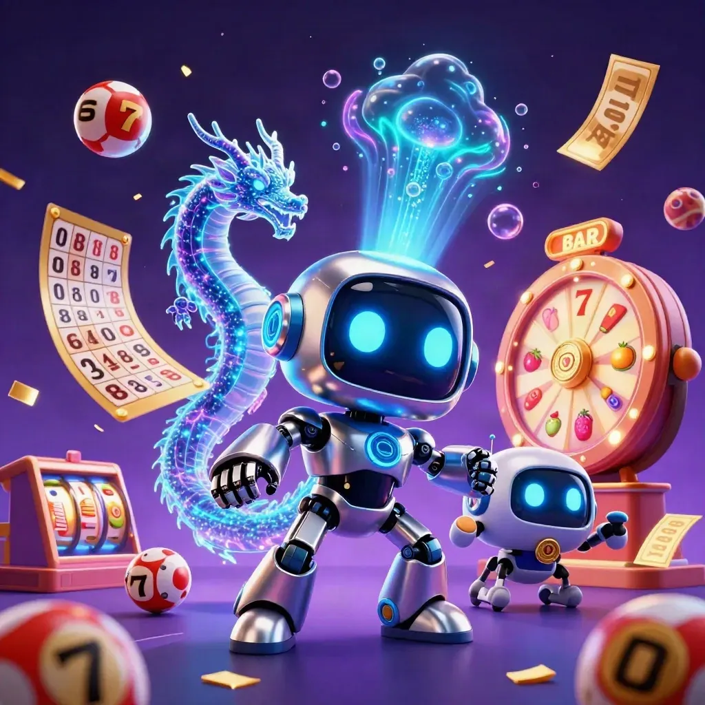 Robot, holographic dragon and coin drone explode amid casino symbols in neon blue-purple space.