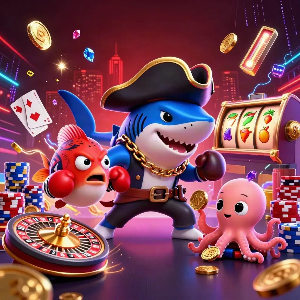 Pirate shark, boxing pufferfish, and coin-juggling octopus in a neon casino burst.