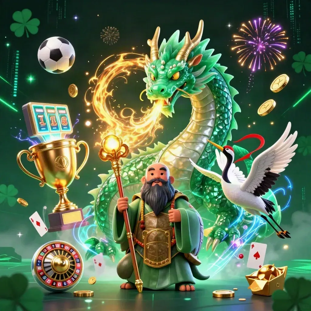 Dragon, turtle sage, and cranes amid casino coins, fireworks, and neon energy