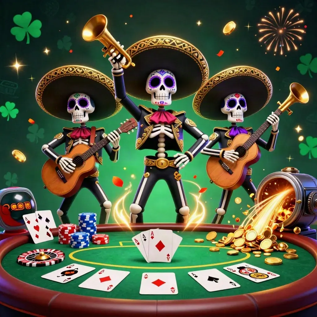 Day-of-the-Dead mariachi skeleton trio amid poker chips, vault gold, fireworks, and neon casino glow