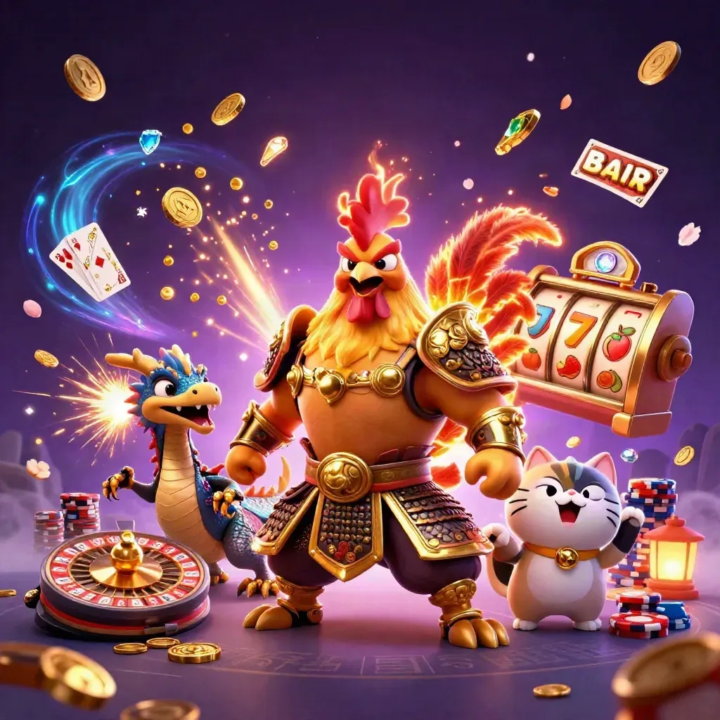 Rooster samurai, spark-breathing dragon hatchling and fortune cat amid casino coins and neon energy