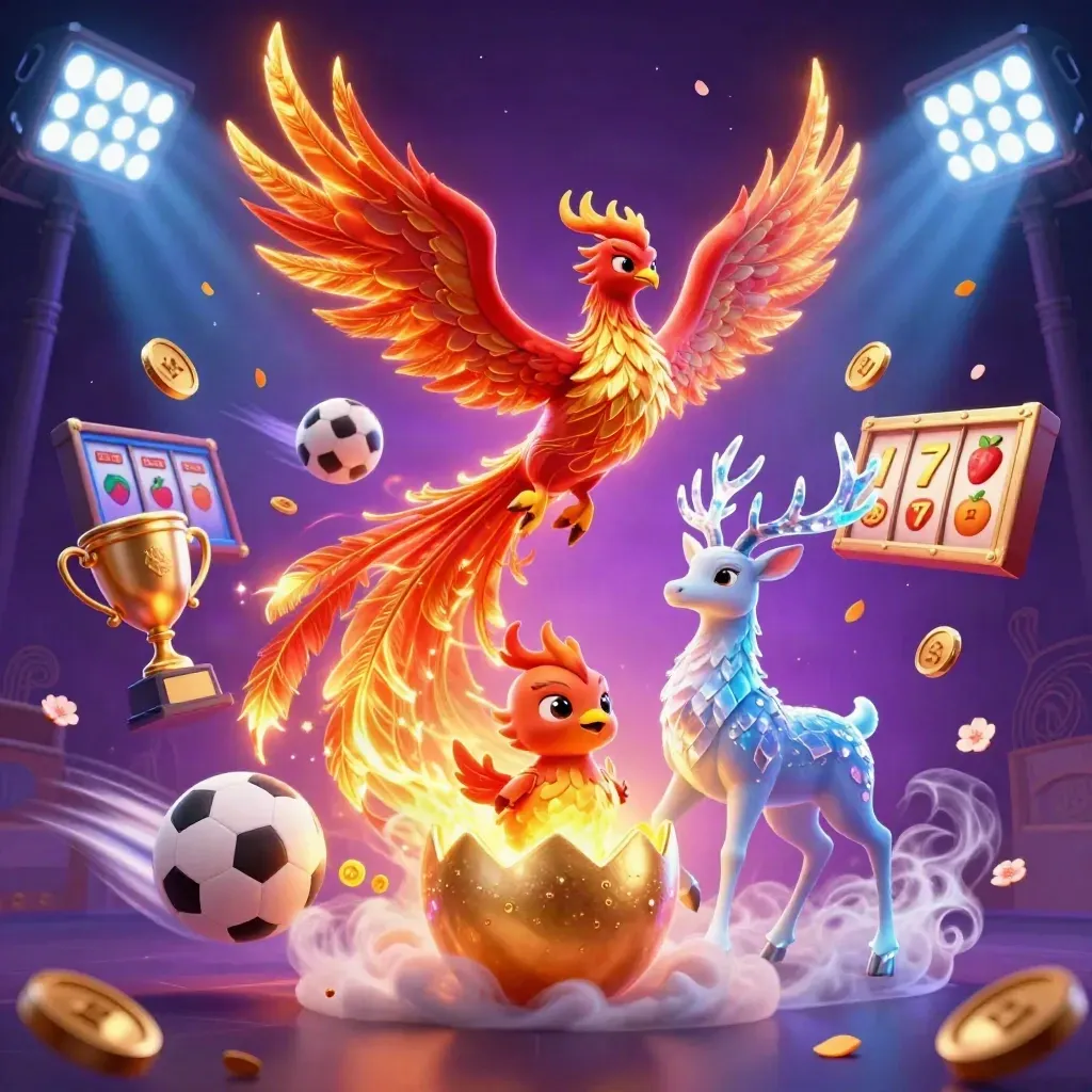 Crimson phoenix, hatchling, and crystal-antler stag amid casino sparks and neon purple glow.