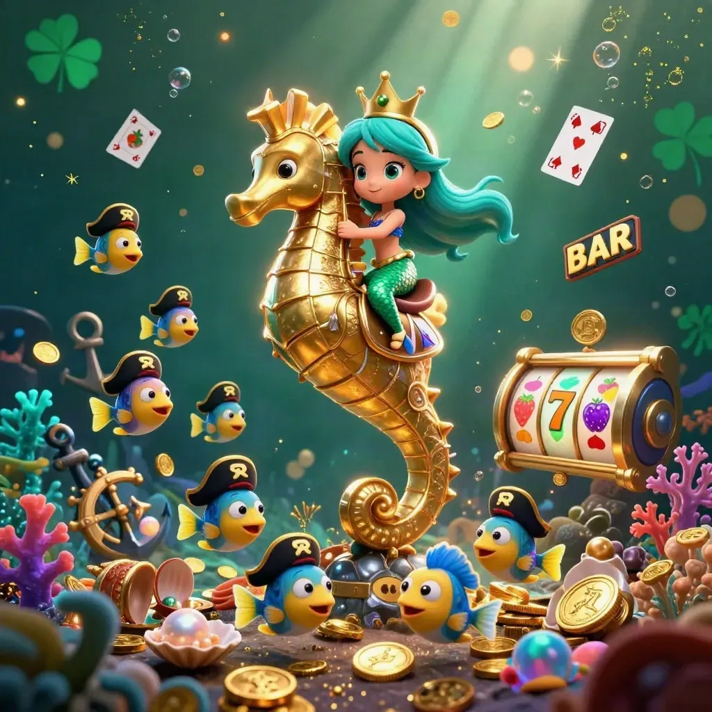 Mermaid princess rides armored seahorse amid coins, cards, coral and slot symbols in neon casino glow.