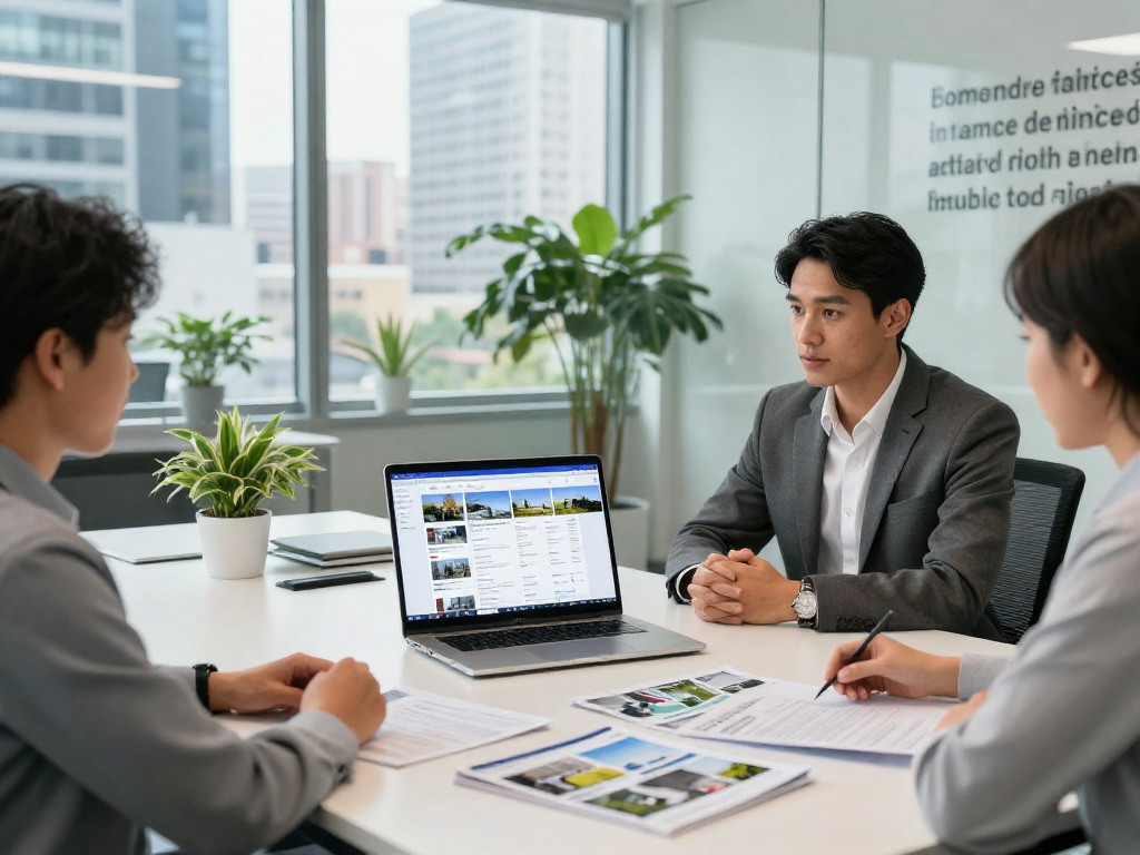 Real estate agent using IDXSTAR technology in a modern office, showcasing digital property listings.